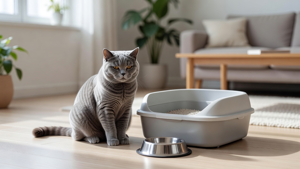 英短猫站在猫砂盆与食碗旁的日常居家场景配图