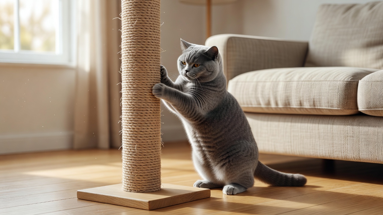 英短猫站立抓挠剑麻立柱猫抓板，旁边是布艺沙发